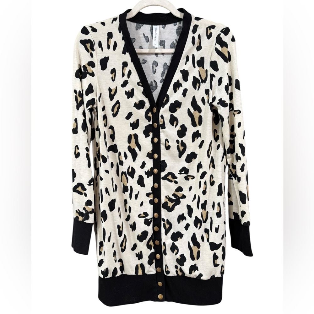 Tickled Teal Leopard Print Cardigan with Black‎ Trim